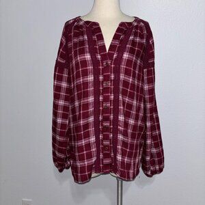 Kate & Sam Burgundy Plaid Peasant Blouse‎ M Lace Trim Long Sleeve Boho Casual